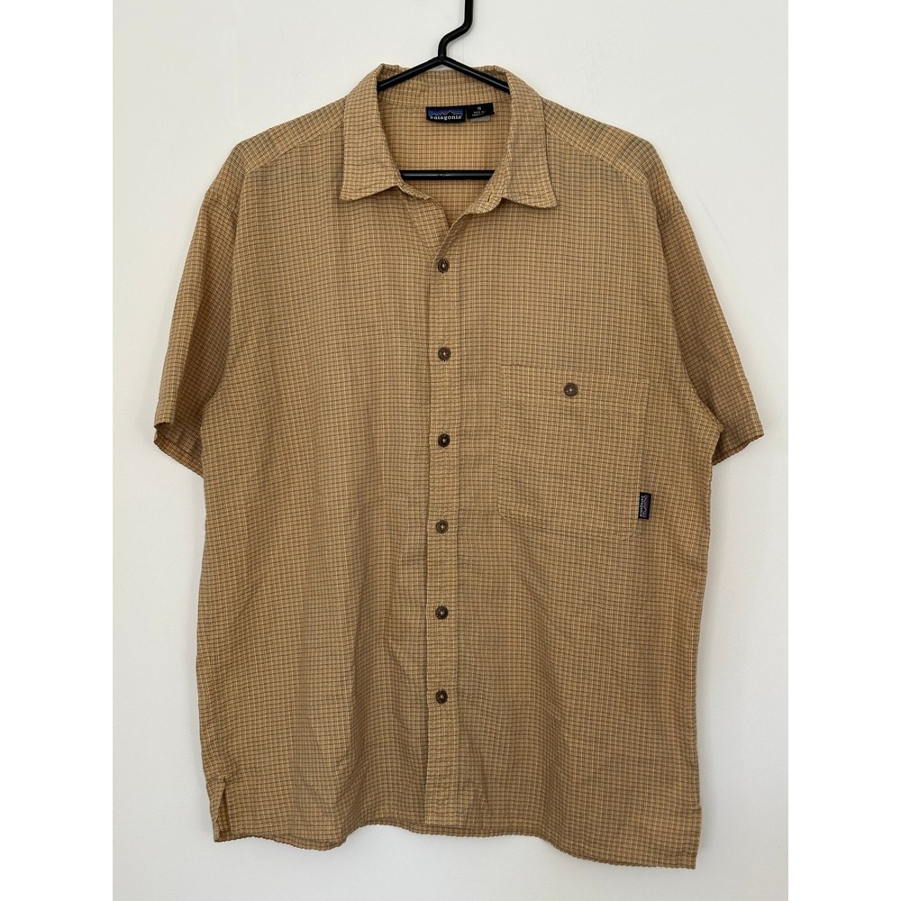 Patagonia Puckerware Shirt Medium Short Sleeve Seersucker Plaid Brown Thailand